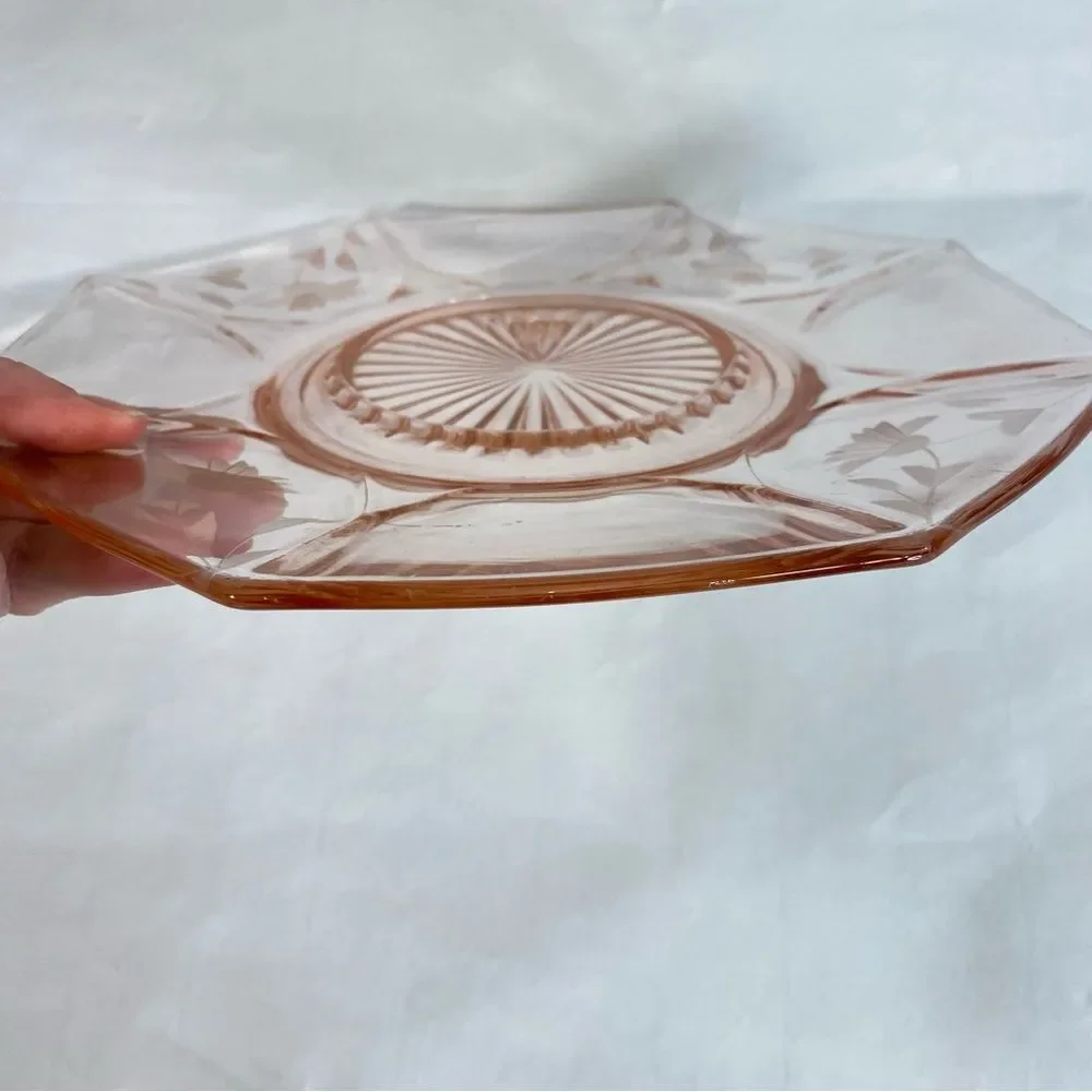 Polygon Shaped Pink Serving Plate Vintage Etched Glass Floral Pattern